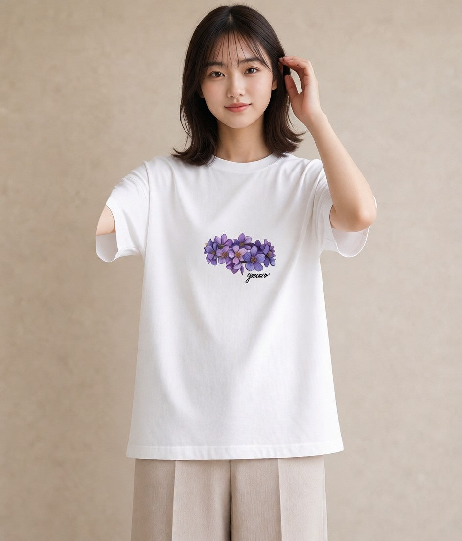 グラフィックTシャツ レディース スミレ 花 花柄 イラスト こなれ感 社会人 女性 白T