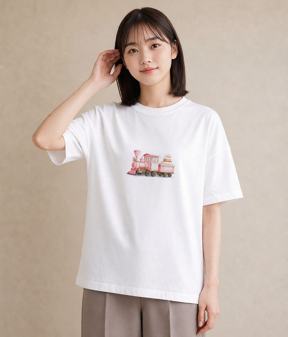 半袖Tシャツ レディース 駅のホーム ローカル線 駅 ナチュラル アンティーク イラスト 水彩風 女子会 お揃い 白T