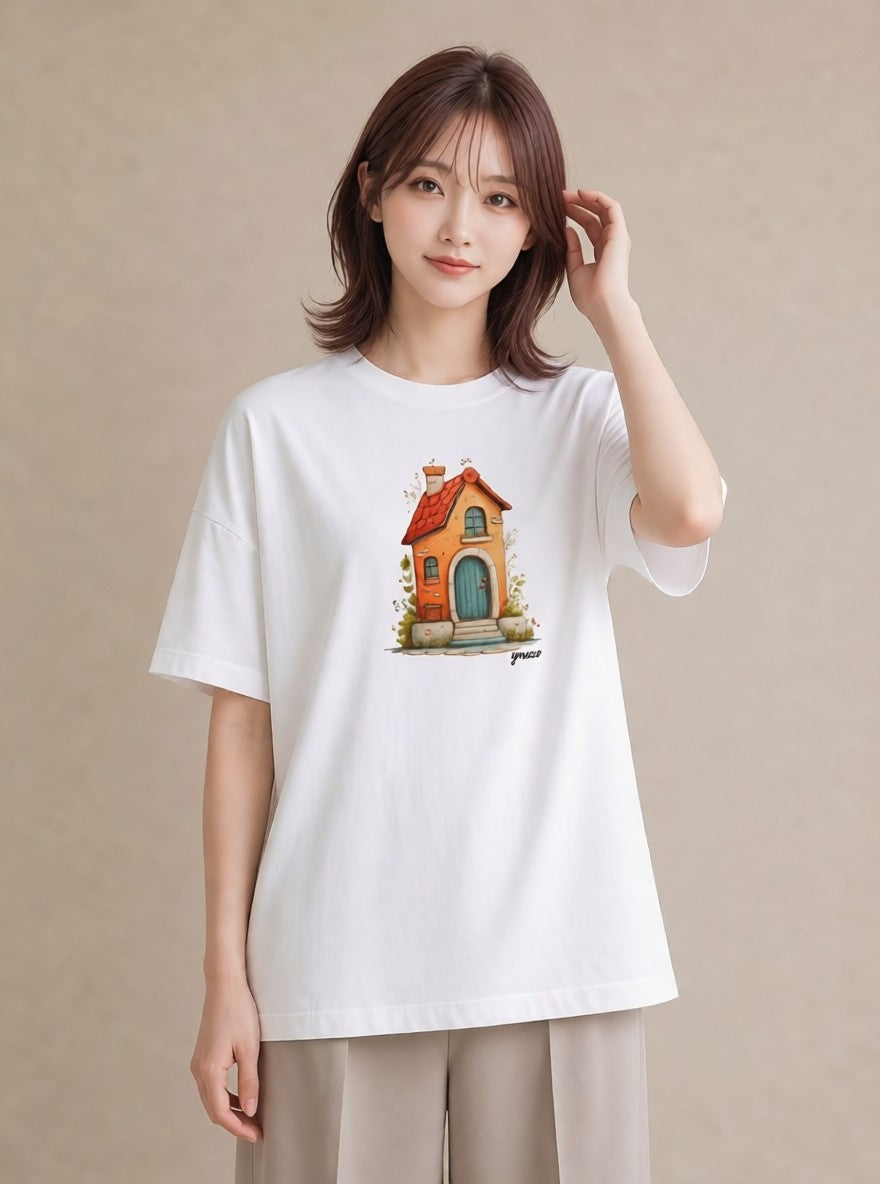 グラフィックTシャツ レディース 灯りの家 小屋 夜 ナチュラル アンティーク イラスト モード 友達ギフト 部屋着 白T