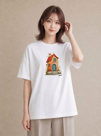 グラフィックTシャツ レディース 灯りの家 小屋 夜 ナチュラル アンティーク イラスト モード 友達ギフト 部屋着 白T