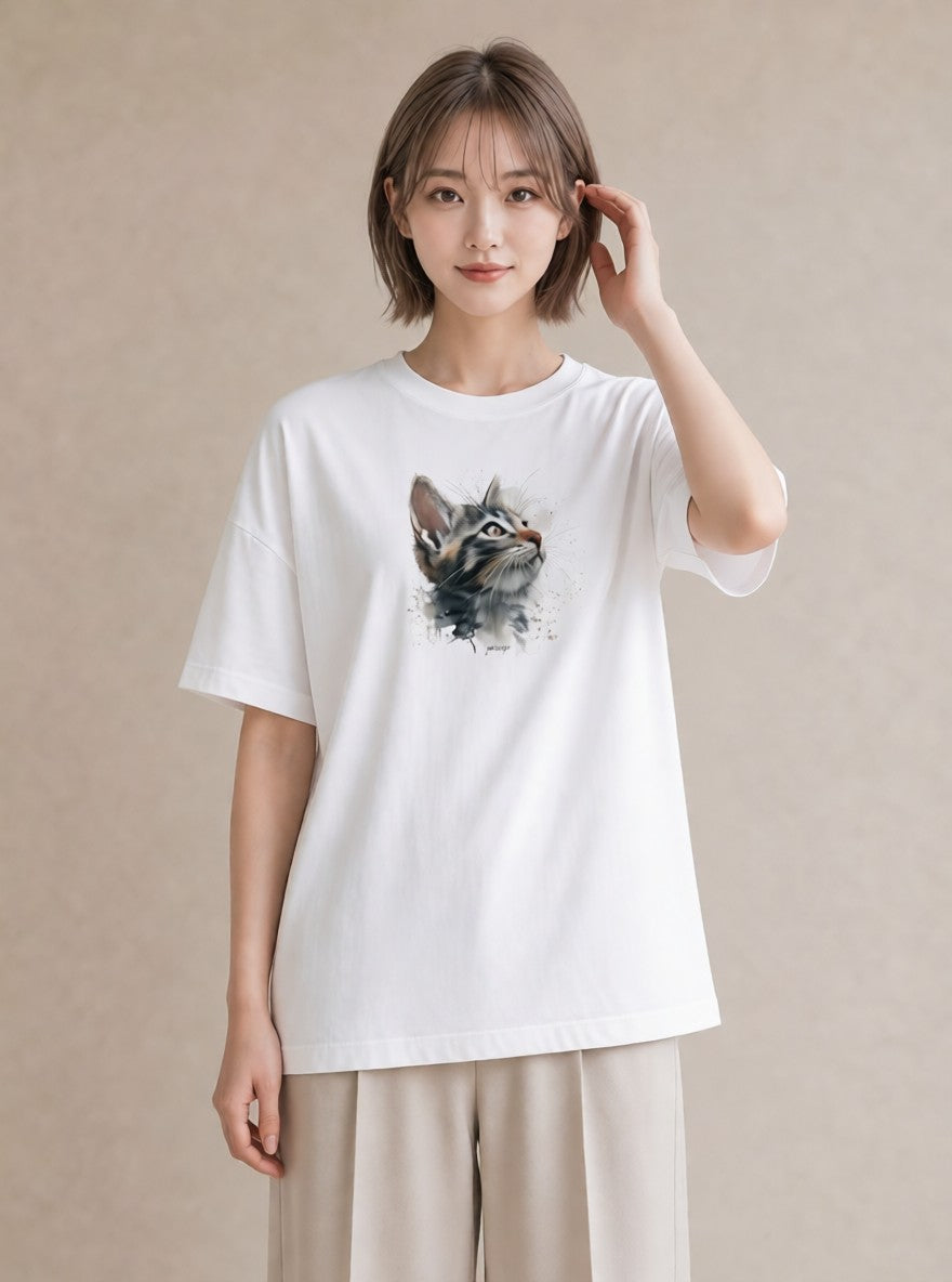 半袖Tシャツ レディース 猫 ねこ イラスト きれいめカジュアル 在宅 公園 白T