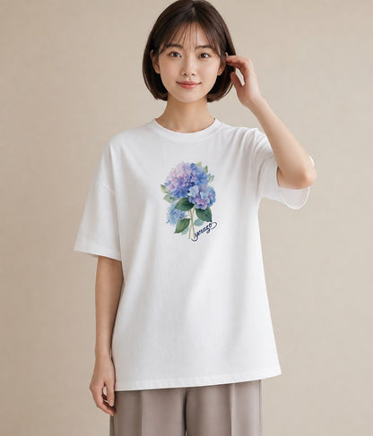 プリントTシャツ レディース あじさい 紫陽花 アジサイ 花 花柄 イラスト 夏コーデ 通学 白T