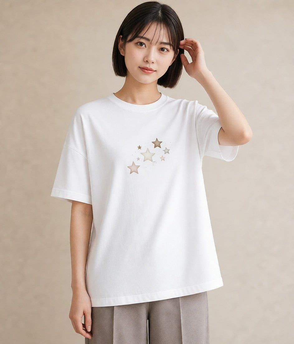 半袖Tシャツ レディース 流れ星 星空 宇宙 イラスト ポップ レイヤード 友達ギフト 白T