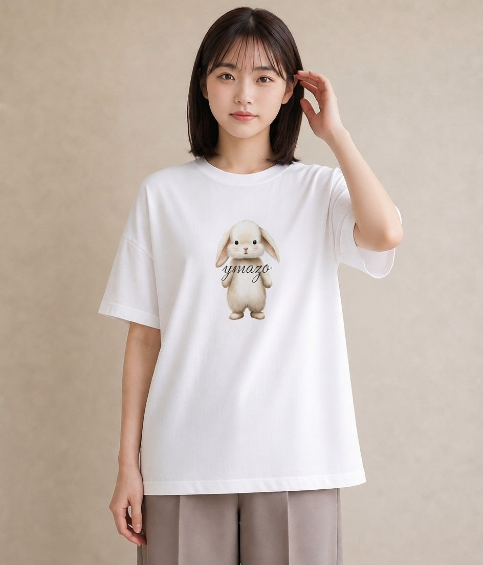 半袖Tシャツ レディース ライオンラビット ペット 動物 イラスト ヴィンテージ風 ミセス 春コーデ 白T