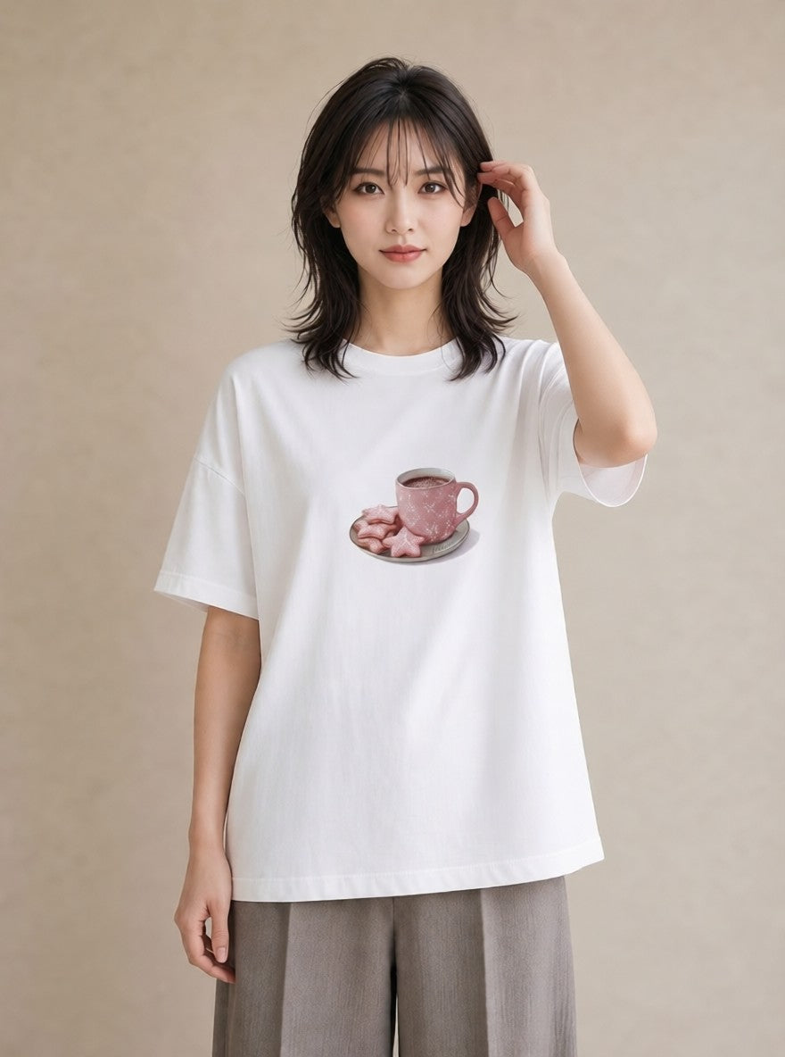 半袖Tシャツ レディース ココア 食べ物 フード イラスト ミセス 春コーデ 白T