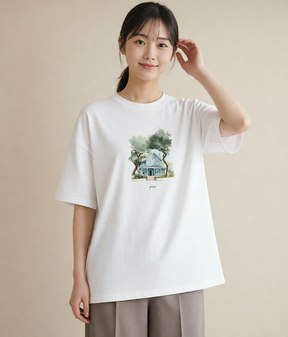 プリントTシャツ レディース 湖畔の小屋 湖 小屋 ナチュラル アンティーク イラスト アート風 ミセス 春コーデ 白T