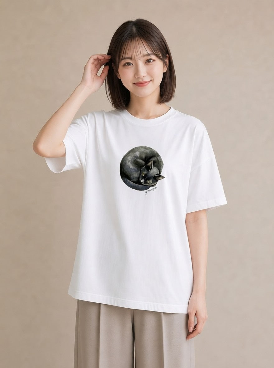 グラフィックTシャツ レディース サビ猫 猫 ねこ イラスト カフェコーデ 通勤 在宅 白T