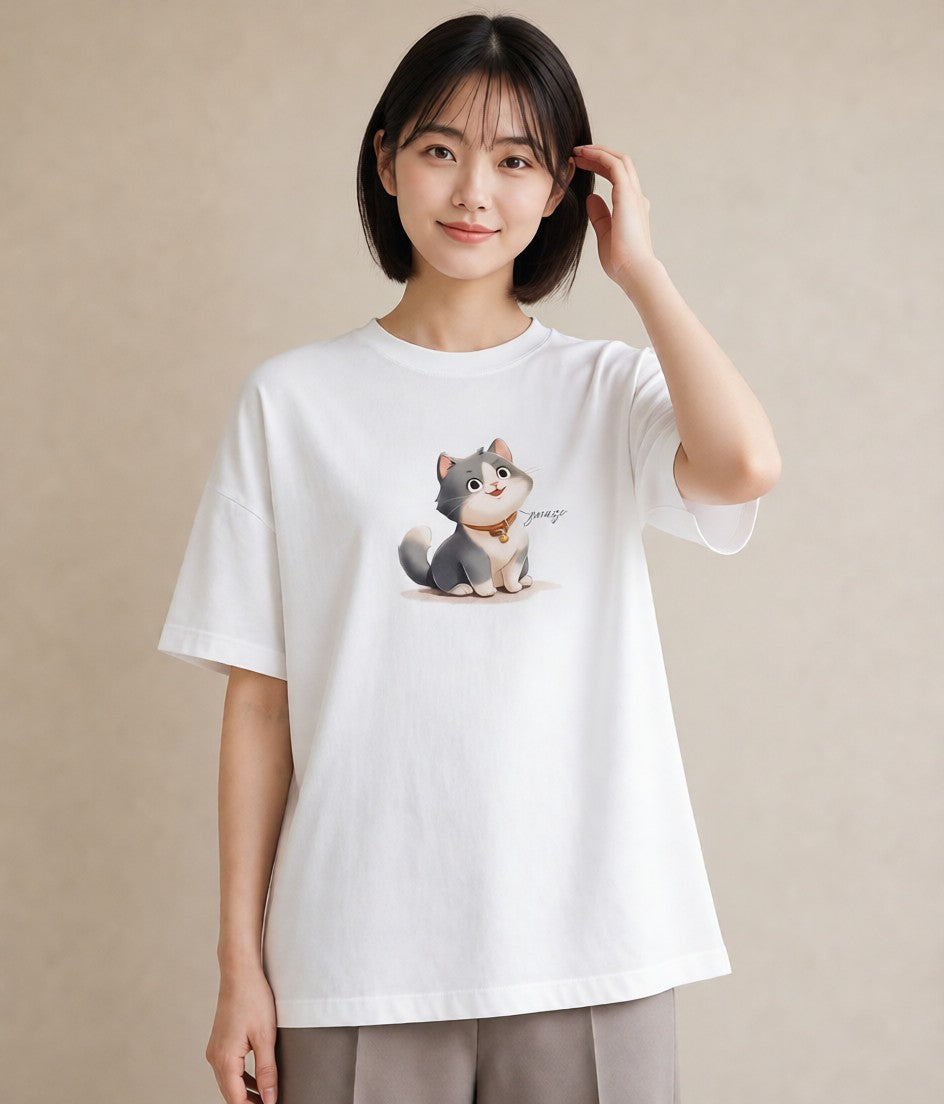 プリントTシャツ レディース 猫好き 猫 ねこ イラスト ラフカジュアル 旅行用 海 白T