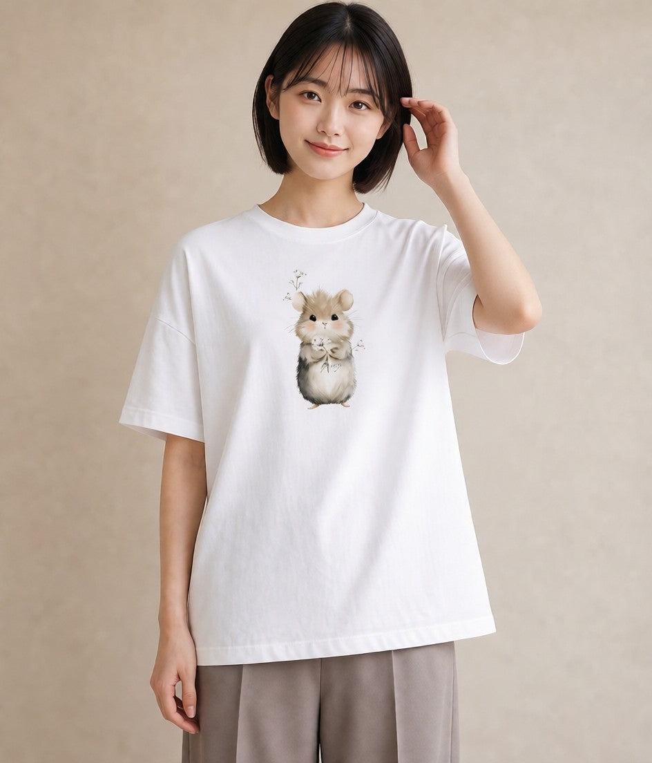 デザインTシャツ レディース ジャンガリアンハムスター ペット 動物 イラスト シック 海 カフェ巡り 白T