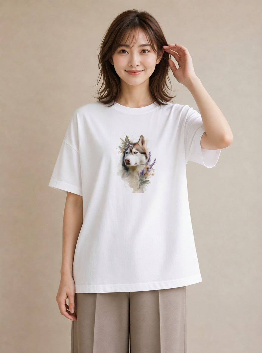 Tシャツ レディース シベリアンハスキー 犬 いぬ イラスト 休日コーデ 送別ギフト 通勤 白T