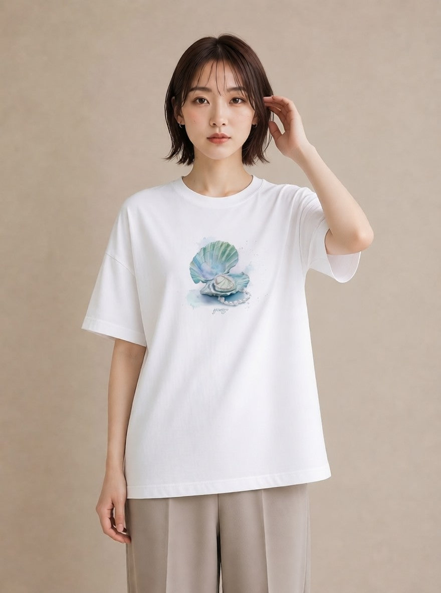 グラフィックTシャツ レディース 貝 海の生き物 海 イラスト 上品 カジュアルコーデ 買い物 白T