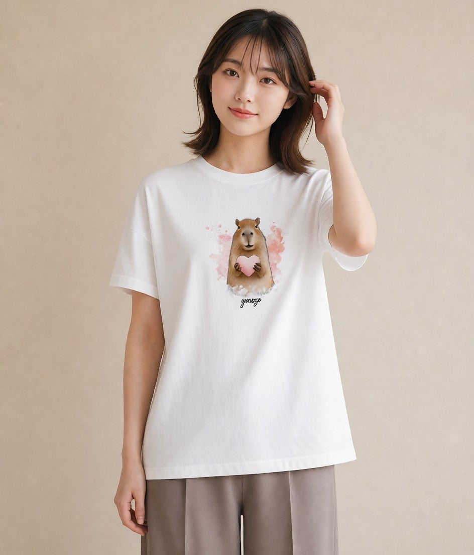 半袖Tシャツ レディース モルモット ペット 動物 イラスト 手描き風 誕生日プレゼント 綿100 白T
