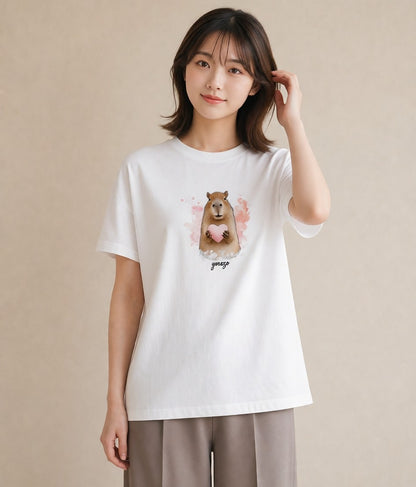 半袖Tシャツ レディース モルモット ペット 動物 イラスト 手描き風 誕生日プレゼント 綿100 白T