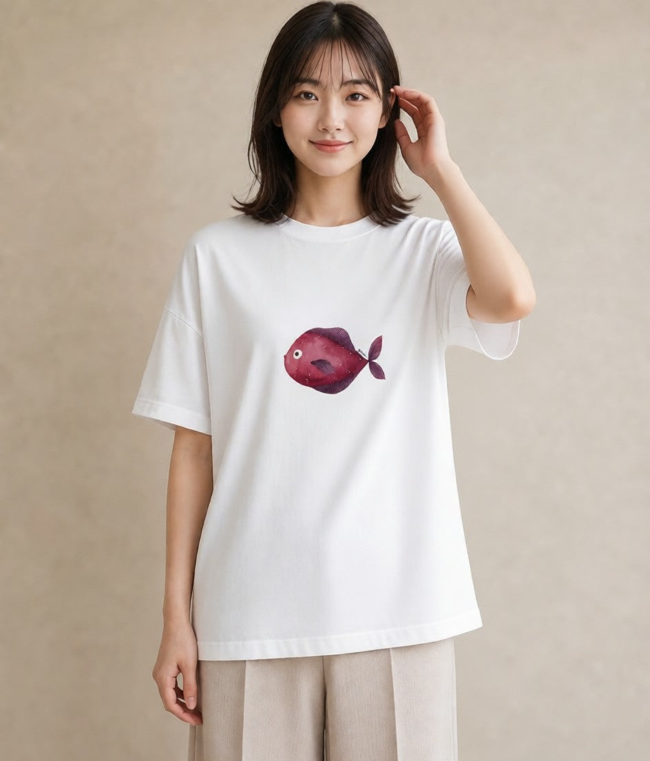 プリントTシャツ レディース メダカ ペット 動物 イラスト ヴィンテージ風 週末コーデ 敬老の日 白T