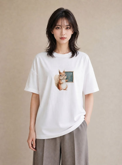 Tシャツ レディース シマリス ペット 動物 イラスト ナチュラル 綿100 デート 白T