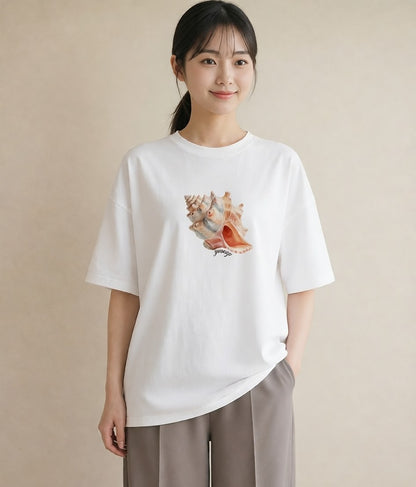 半袖Tシャツ レディース 貝 海の生き物 海 イラスト 普段使い カフェ巡り 白T