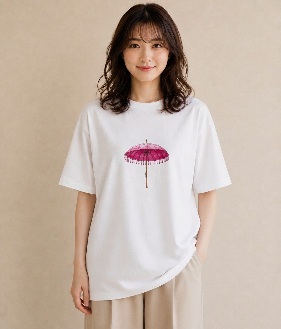 半袖Tシャツ レディース 傘 水たまり 雨 ナチュラル アンティーク イラスト レトロ 休日 ペアコーデ 白T