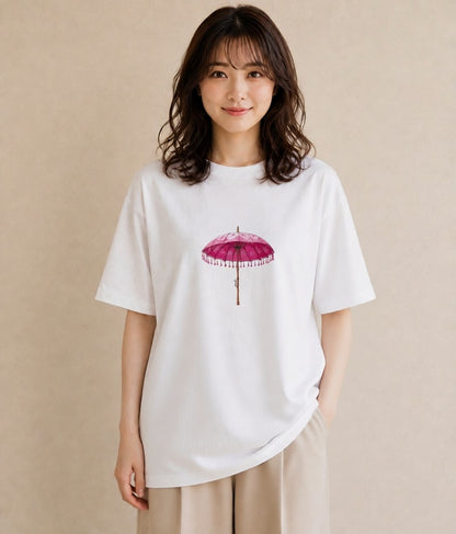 半袖Tシャツ レディース 傘 水たまり 雨 ナチュラル アンティーク イラスト レトロ 休日 ペアコーデ 白T