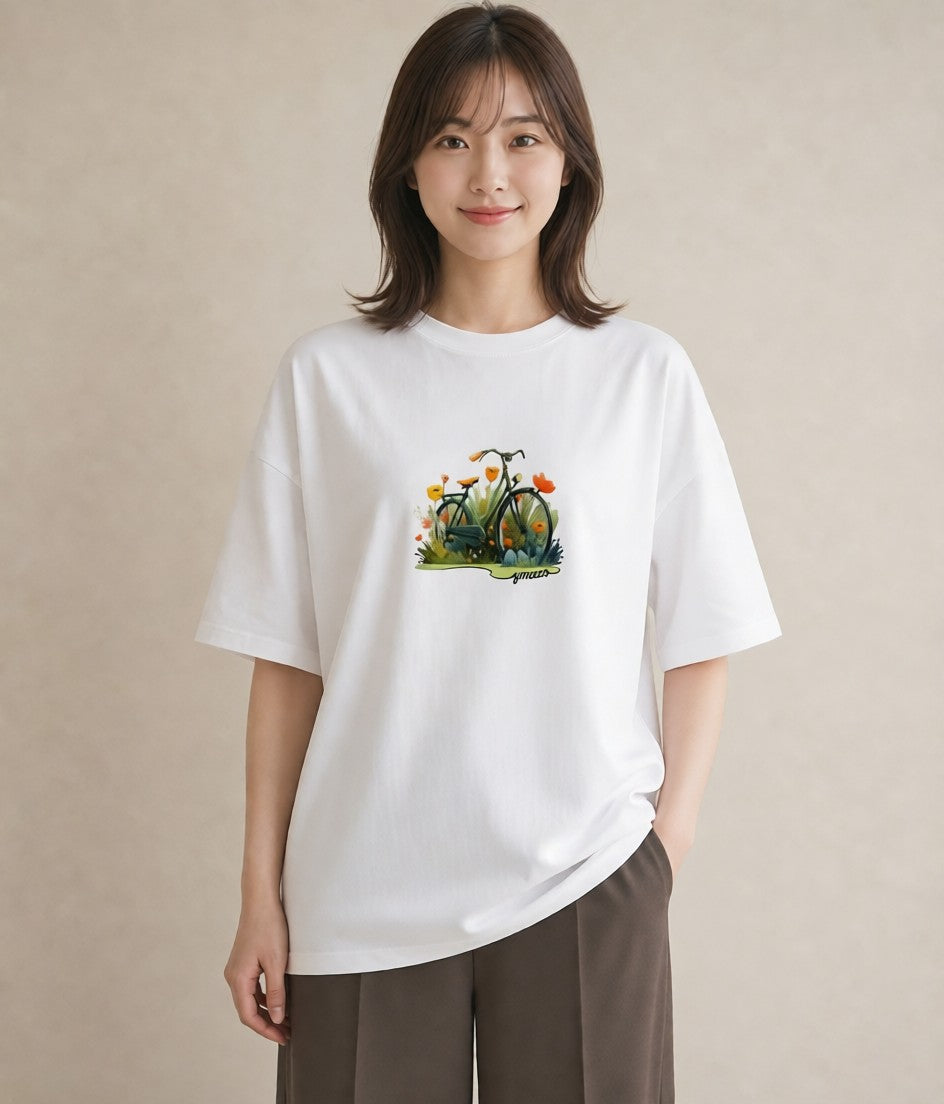 Tシャツ レディース 自転車のかご 自転車 花かご ナチュラル アンティーク イラスト ガーリー 部屋着 女性向けギフト 白T