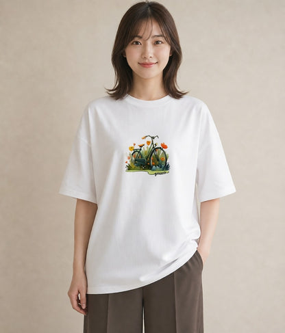 Tシャツ レディース 自転車のかご 自転車 花かご ナチュラル アンティーク イラスト ガーリー 部屋着 女性向けギフト 白T