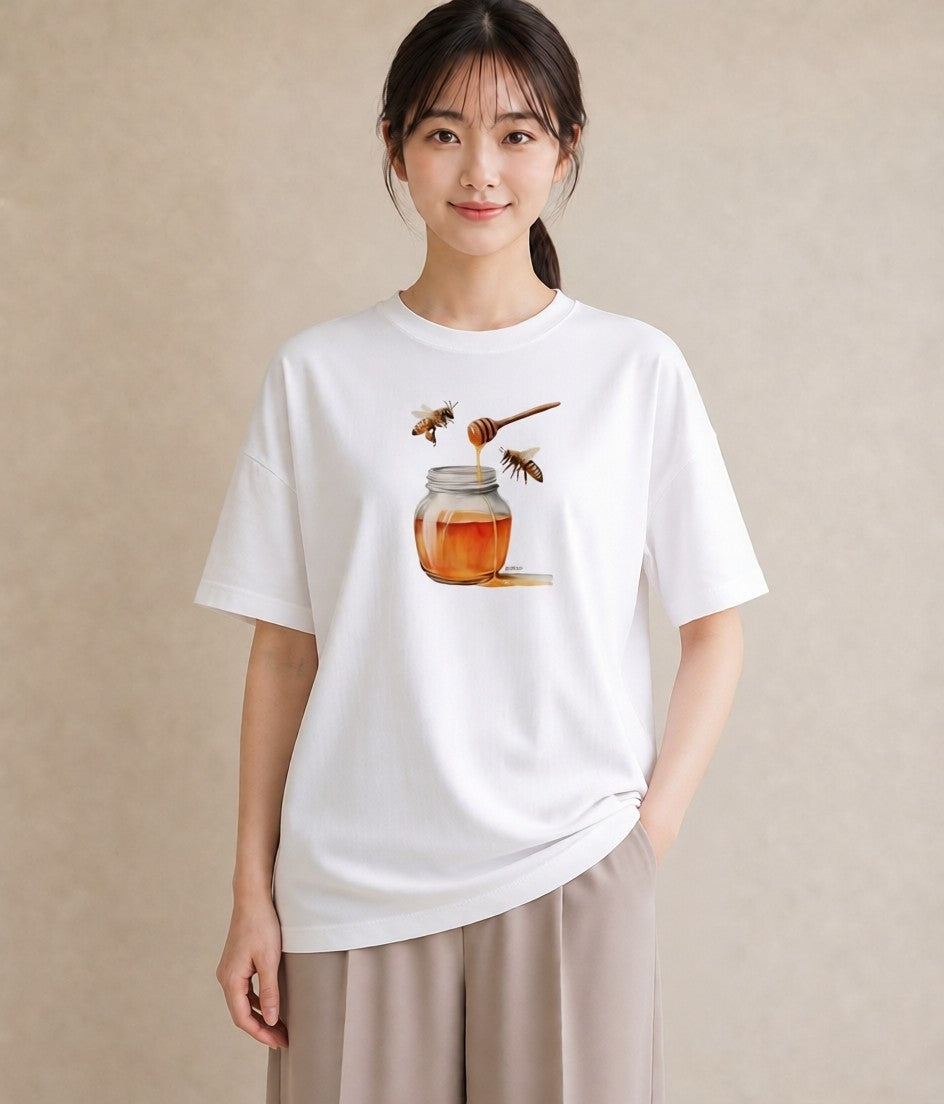半袖Tシャツ レディース みつばち 昆虫 虫 イラスト ラフカジュアル 女性 旅行用 白T