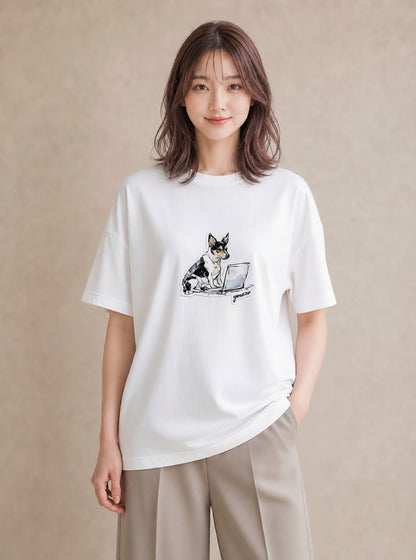 Tシャツ レディース 犬 いぬ イラスト 韓国風 休日 ペアコーデ 白T