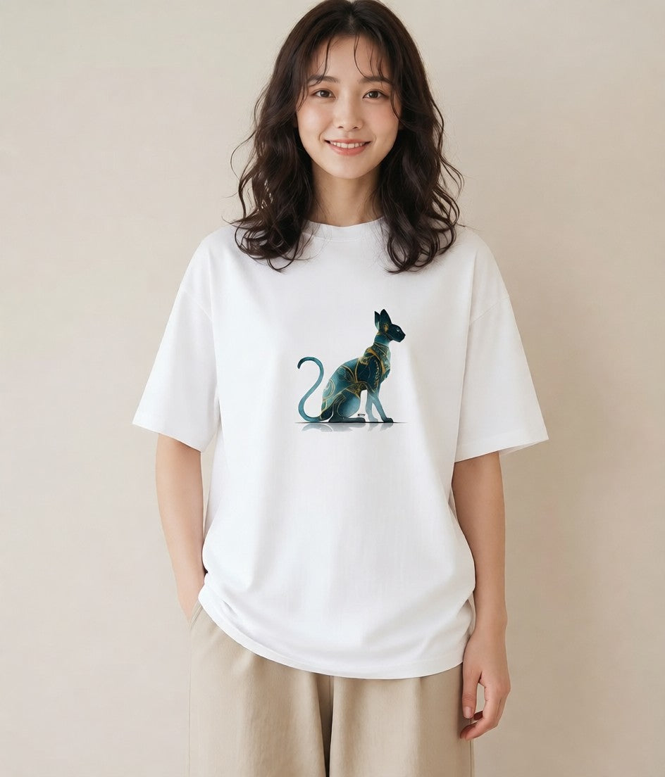 Tシャツ レディース スフィンクス 猫 ねこ イラスト 北欧風 ラフ レイヤード 白T