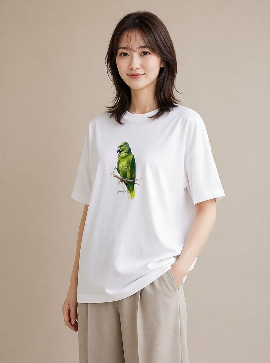 プリントTシャツ レディース コザクラインコ ペット 動物 イラスト 線画 ママ カフェ服 白T