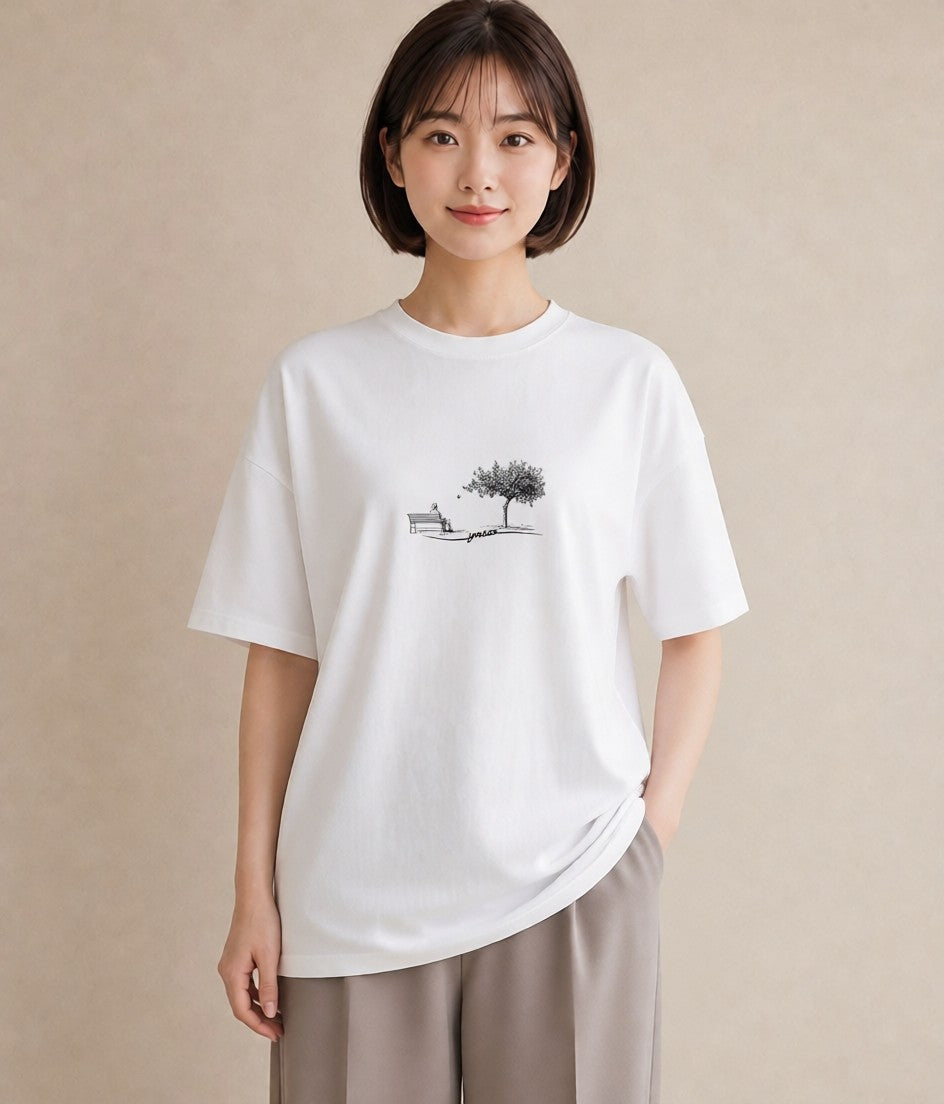 グラフィックTシャツ レディース 雨上がりのベンチ ベンチ ナチュラル アンティーク イラスト こなれ感 部屋着 女性向けギフト 白T