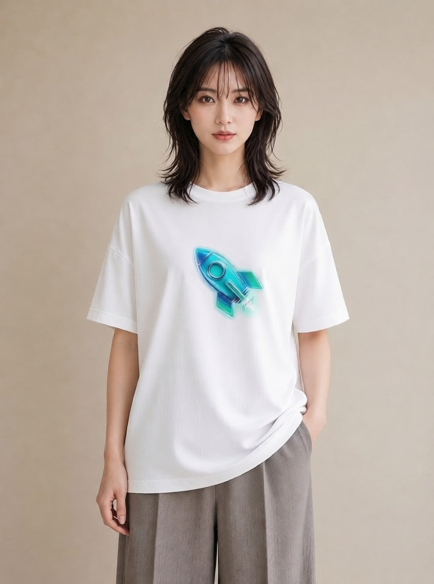 デザインTシャツ レディース ロケット 星空 宇宙 イラスト 個性的 在宅 公園 白T