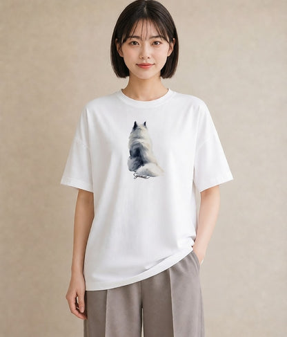 Tシャツ レディース メインクーン 猫 ねこ イラスト 線画 綿100 デート 白T