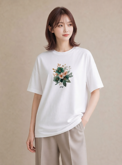 Tシャツ レディース 花 花柄 イラスト 韓国風 春コーデ 姉妹 白T