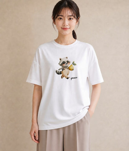 プリントTシャツ レディース たぬき 動物 アニマル イラスト 抜け感 デート 帰省 白T