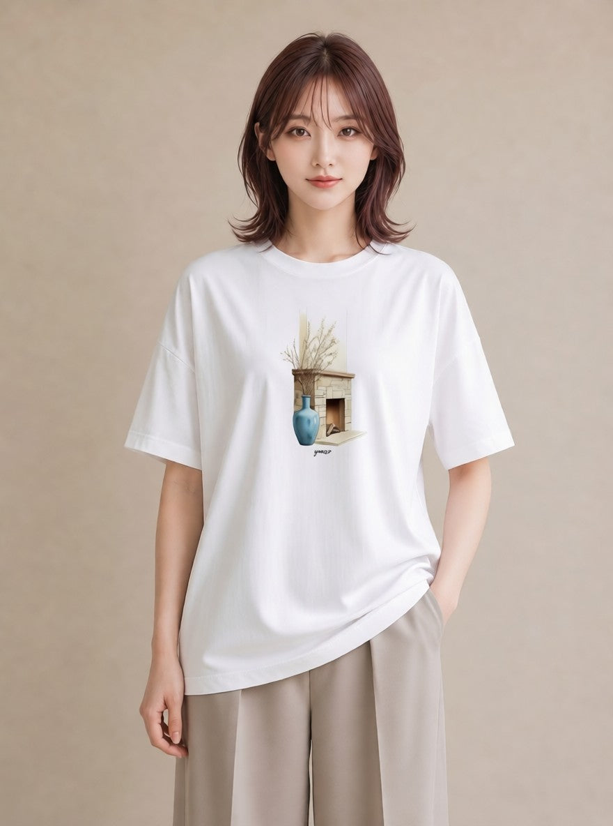 半袖Tシャツ レディース ガラス瓶 小枝 ボタニカル ナチュラル アンティーク イラスト 普段使い 旅行 母娘コーデ 白T