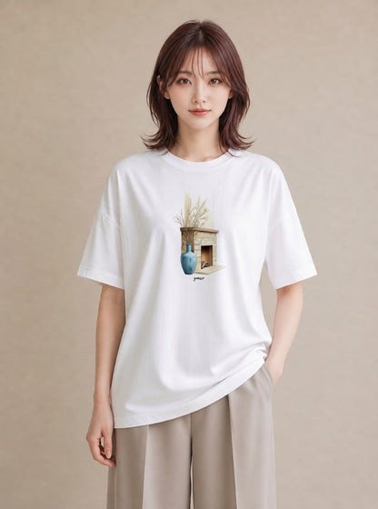 半袖Tシャツ レディース ガラス瓶 小枝 ボタニカル ナチュラル アンティーク イラスト 普段使い 旅行 母娘コーデ 白T