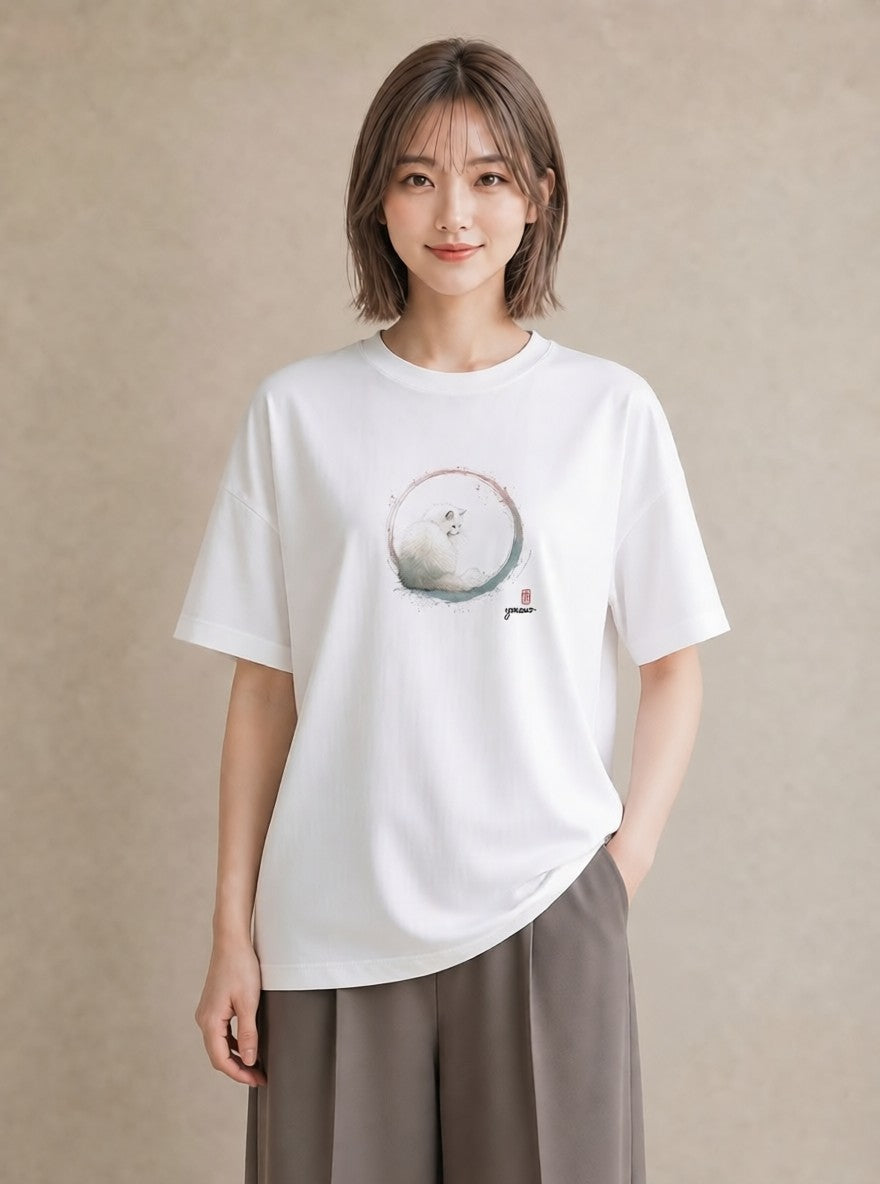 グラフィックTシャツ レディース ペルシャ 猫 ねこ イラスト 淡色 在宅 公園 白T