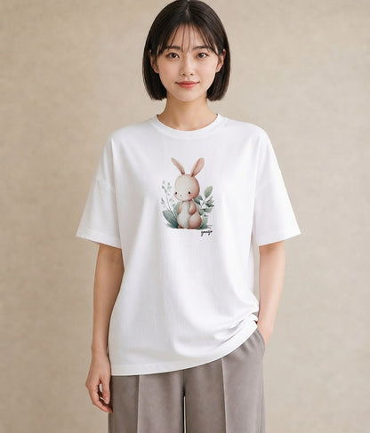半袖Tシャツ レディース ミニうさぎ ペット 動物 イラスト フェミニン 公園 ママ 白T
