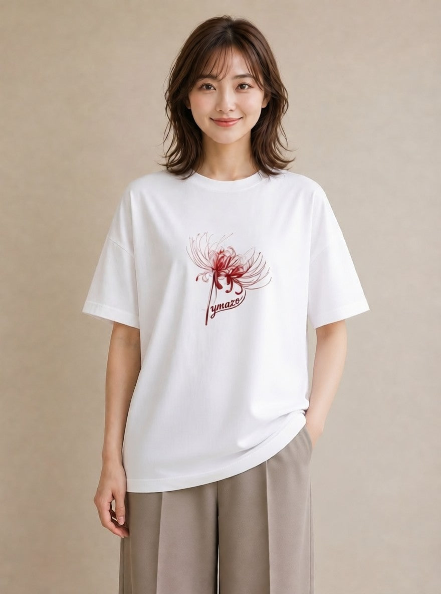 デザインTシャツ レディース 彼岸花 花 花柄 イラスト きれいめ 海 カフェ巡り 白T