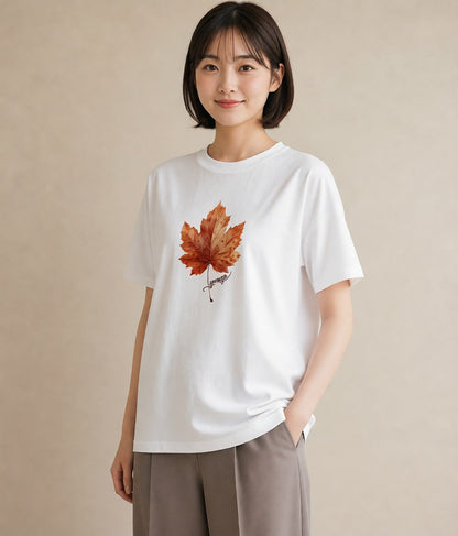 グラフィックTシャツ レディース 落ち葉 植物 ボタニカル イラスト 抜け感 休日 ペアコーデ 白T