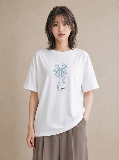 デザインTシャツ レディース リボン ボウ りぼん イラスト ラフ 公園 ママ 白T