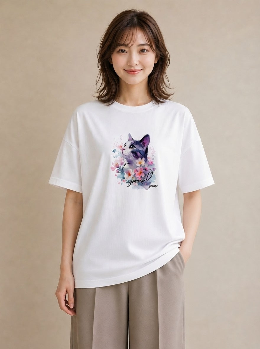 半袖Tシャツ レディース ペルシャ 猫 ねこ イラスト 個性的 カフェ服 クリスマス 白T