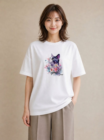 半袖Tシャツ レディース ペルシャ 猫 ねこ イラスト 個性的 カフェ服 クリスマス 白T