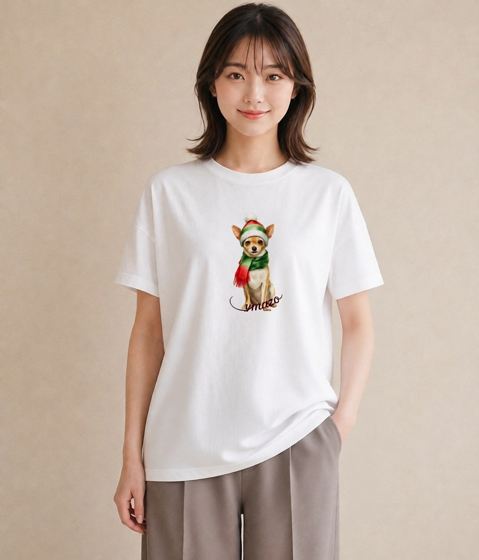 半袖Tシャツ レディース チワワ 犬 いぬ イラスト ミニマル お出かけ 普段着 白T
