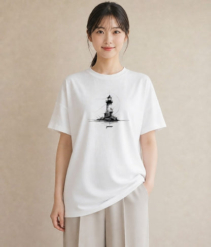 デザインTシャツ レディース 灯台 霧 海 ナチュラル アンティーク イラスト ラフ レイヤード 友達ギフト 白T