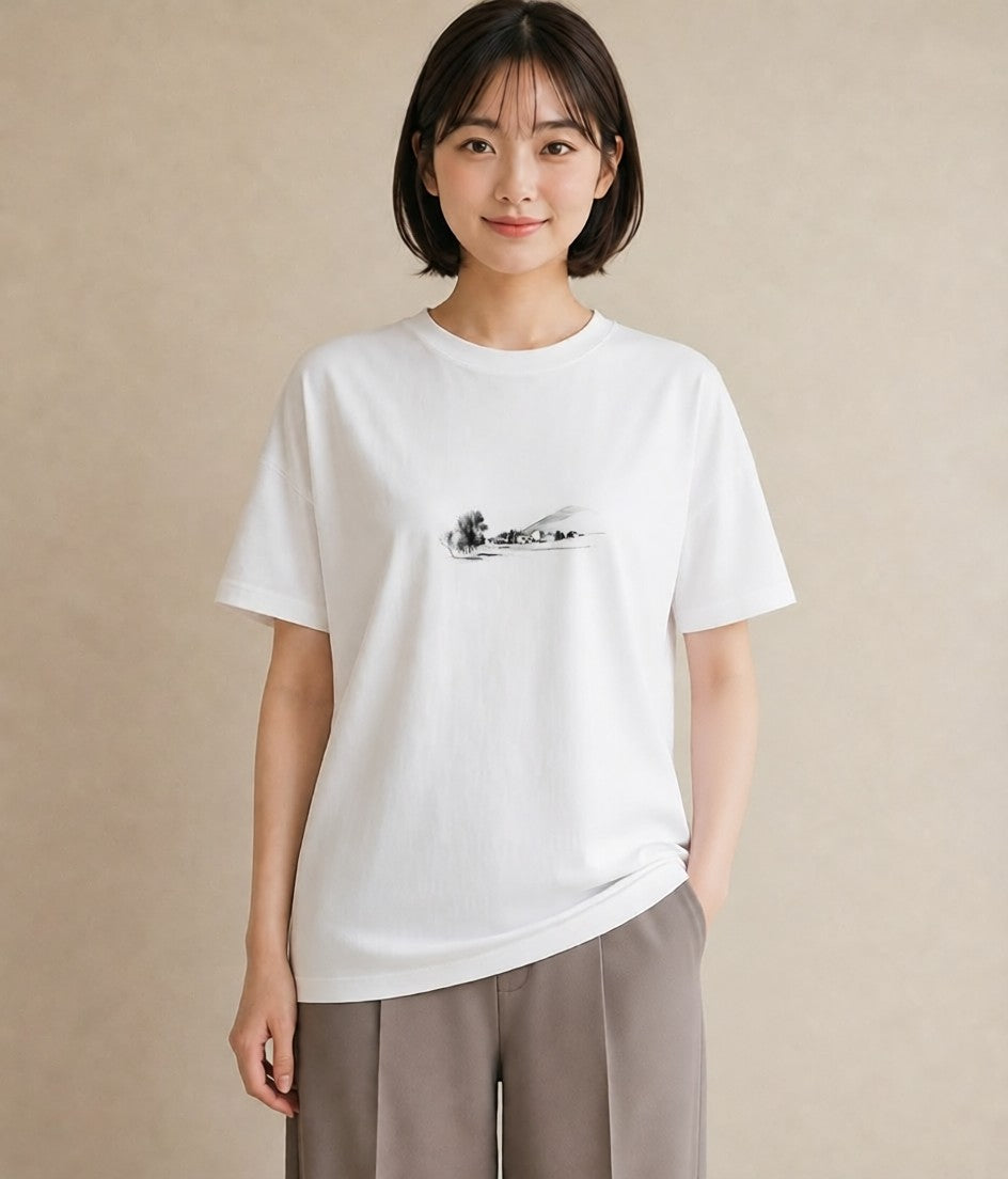 半袖Tシャツ レディース 遠い家と鳥 風景 鳥 ナチュラル アンティーク イラスト きれいめ 秋コーデ おしゃれギフト 白T