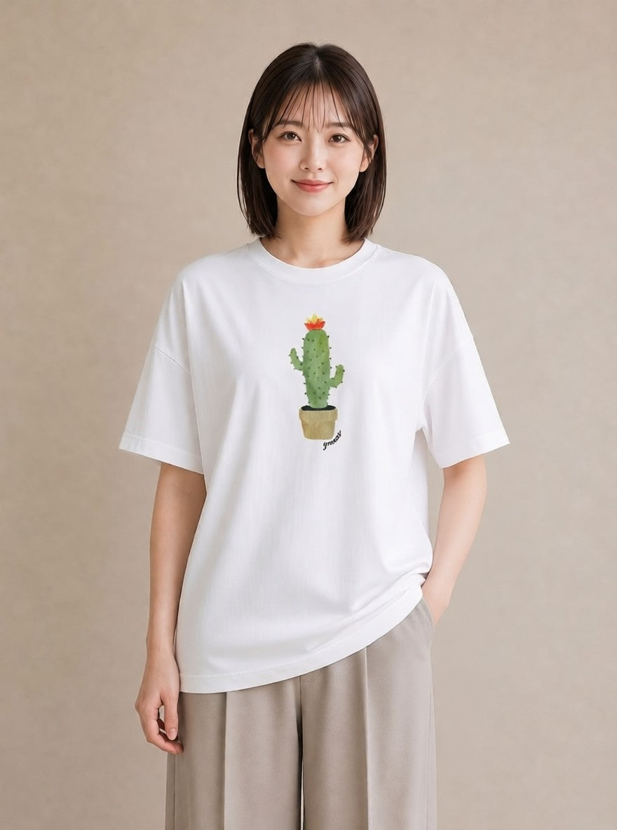 プリントTシャツ レディース サボテン 植物 ボタニカル イラスト デート 帰省 白T
