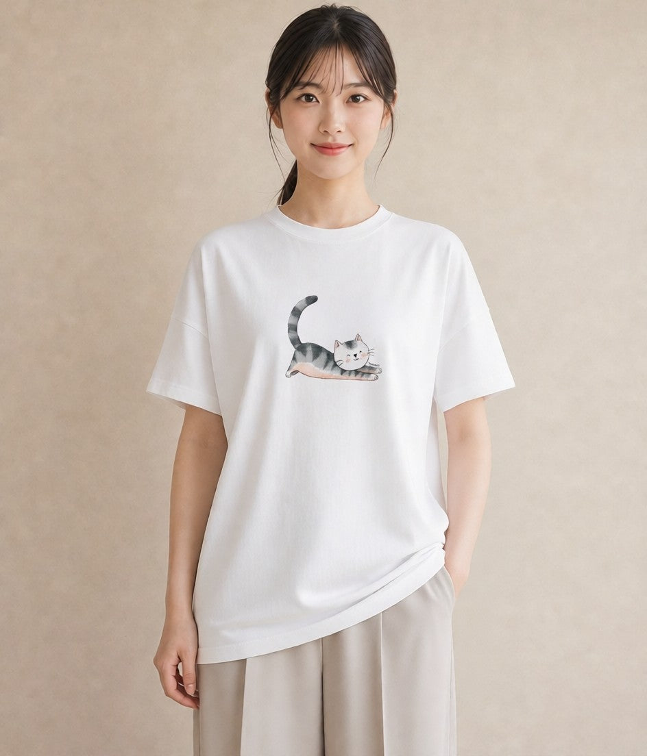 半袖Tシャツ レディース マンチカン 猫 ねこ イラスト カジュアル 在宅 公園 白T