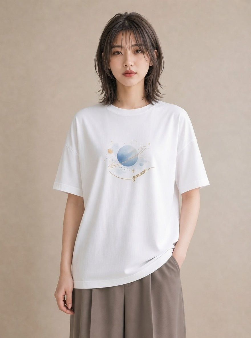 プリントTシャツ レディース 土星 星空 宇宙 イラスト カジュアル カジュアルコーデ 買い物 白T