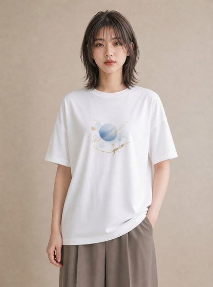 プリントTシャツ レディース 土星 星空 宇宙 イラスト カジュアル カジュアルコーデ 買い物 白T