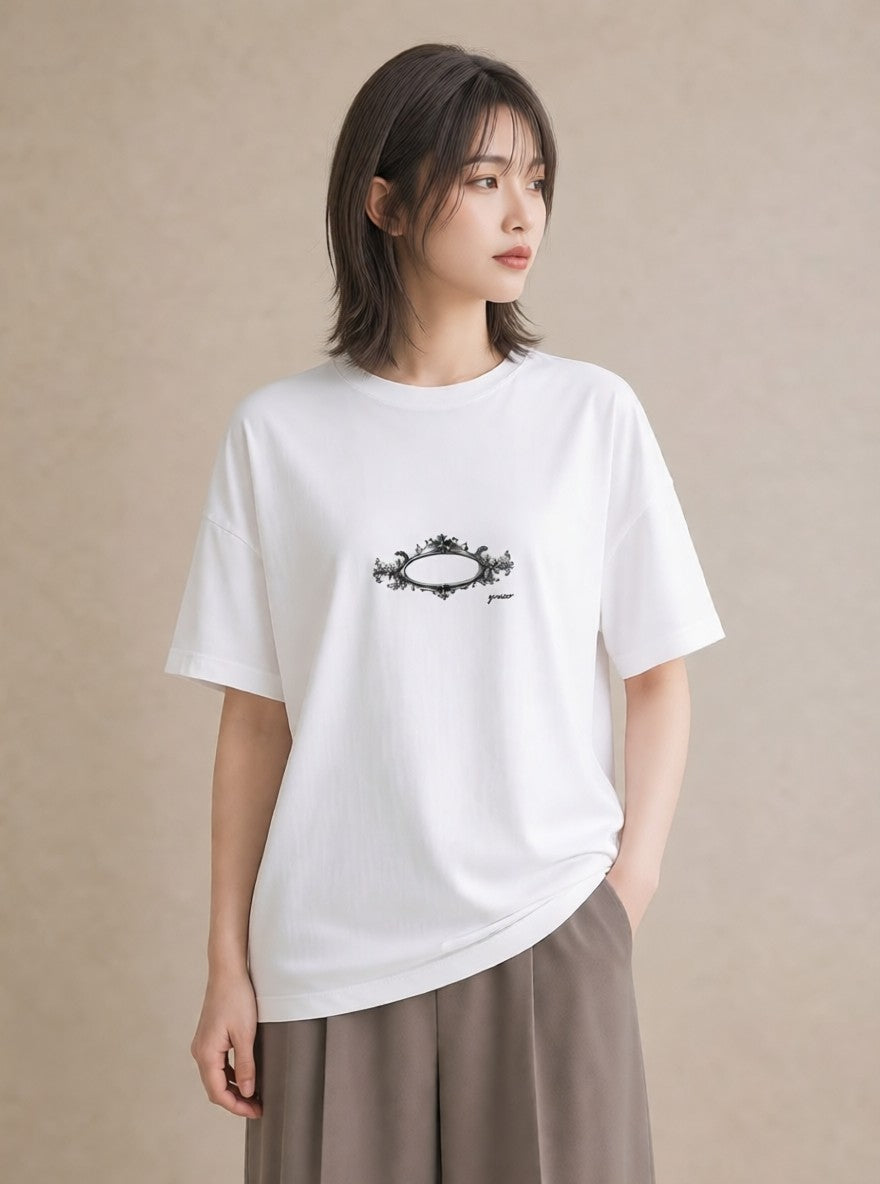 デザインTシャツ レディース 手鏡 アンティーク レトロ ナチュラル イラスト 手描き風 通学 誕生日プレゼント 白T